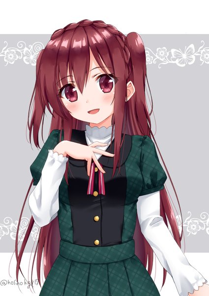 Anime picture 702x991 with original hoshino kagari single long hair tall image looking at viewer blush fringe open mouth hair between eyes brown hair purple eyes signed braid (braids) two side up twitter username hand on chest crown braid girl
