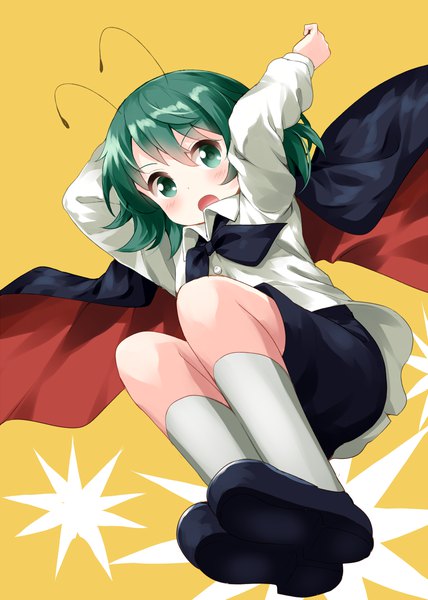 Anime picture 1000x1400 with touhou wriggle nightbug ruu (tksymkw) single tall image looking at viewer blush fringe short hair open mouth hair between eyes green eyes green hair :o from below jumping yellow background antennae girl socks