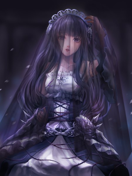 Anime picture 1500x2000 with original lunacle single long hair tall image looking at viewer fringe breasts open mouth black hair hair between eyes standing purple eyes bare shoulders hair flower lips dark background gradient hair lolita fashion hair over shoulder