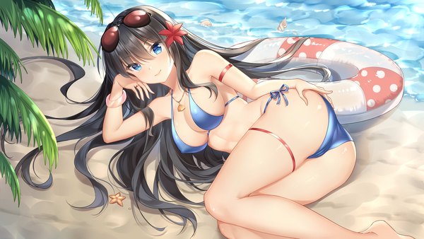 Anime picture 3840x2160 with original sannio single long hair looking at viewer blush fringe highres breasts blue eyes light erotic black hair smile hair between eyes wide image large breasts absurdres cleavage bent knee (knees) outdoors