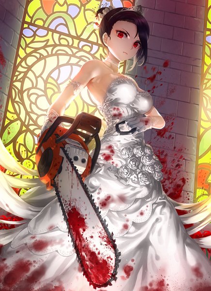 Anime picture 877x1206 with original kfr single tall image looking at viewer black hair red eyes standing bare shoulders hair bun (hair buns) bloody clothes blood stains bloody weapon girl dress gloves white gloves blood tiara wedding dress