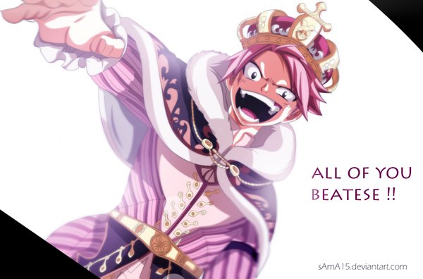 Anime picture 1131x748 with fairy tail natsu dragneel sama15 single short hair open mouth simple background smile white background pink hair black eyes inscription coloring boy fur crown