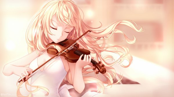 イラスト 1920x1080 と 四月は君の嘘 a-1 pictures 宮園かをり 胡瓜チーズ ソロ 長髪 highres 金髪 wide image eyes closed playing instrument 女の子 ドレス 楽器 violin bow (instrument)