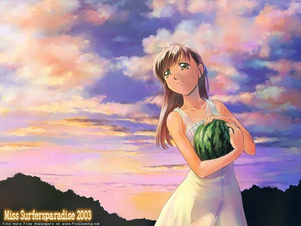 Anime picture 1152x864 with long hair brown hair brown eyes sky cloud (clouds) soft beauty girl food sundress berry (berries) watermelon
