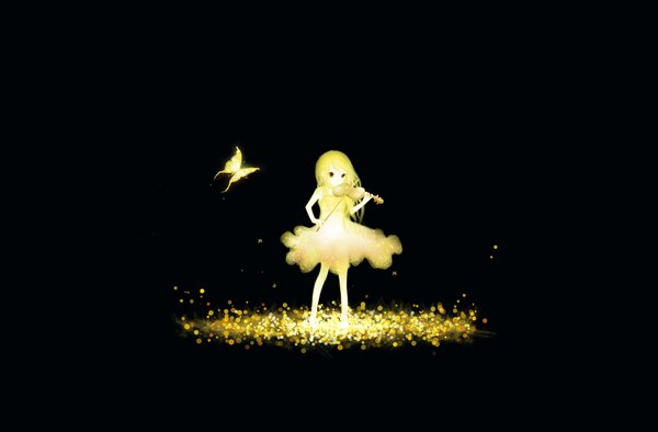 Anime picture 1950x1282 with original sanaa single long hair fringe highres simple background blonde hair standing holding brown eyes looking away full body black background glow playing instrument girl dress insect butterfly