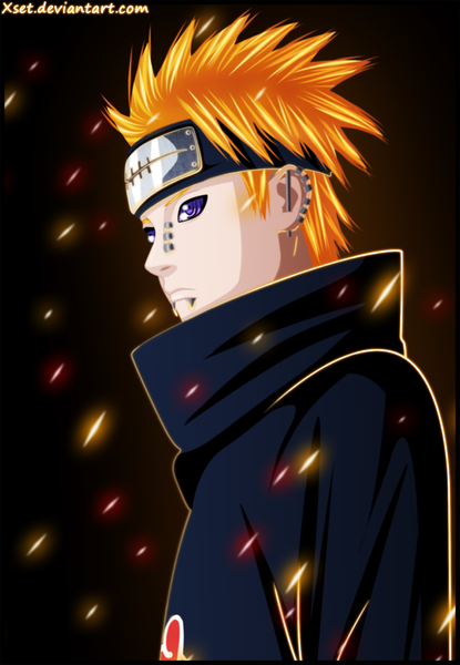 Anime picture 1024x1480 with naruto studio pierrot naruto (series) pain (naruto) deva path xset single tall image short hair purple eyes orange hair piercing coloring black background akatsuki rinnegan boy cloak bandana