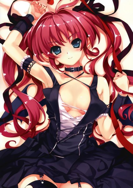 Anime picture 5163x7305 with long hair tall image blush highres blue eyes light erotic absurdres red hair nail polish torn clothes girl collar