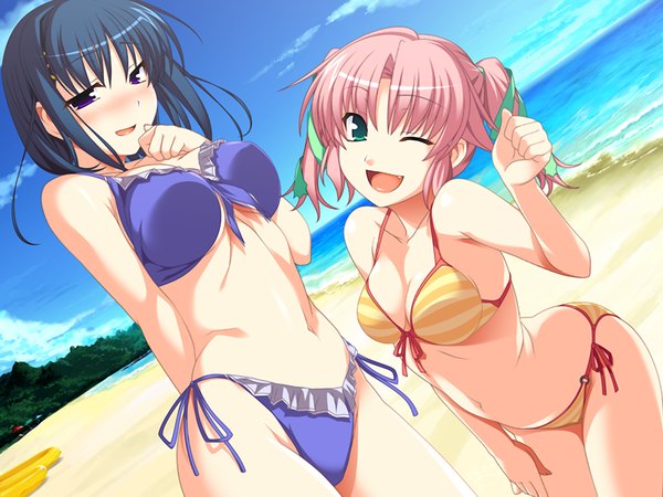 Anime picture 1200x900 with open mouth light erotic multiple girls blue hair pink hair game cg beach girl 2 girls swimsuit bikini striped bikini