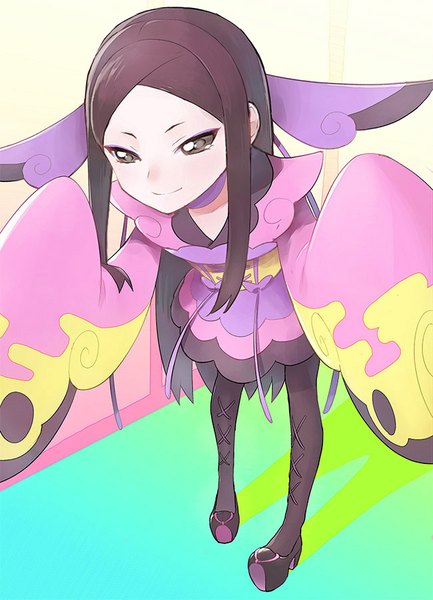 Anime picture 650x900 with pokemon pokemon xy nintendo mache (pokemon) kurochiroko single long hair tall image looking at viewer black hair smile long sleeves from above black eyes leaning leaning forward girl hair ornament pantyhose