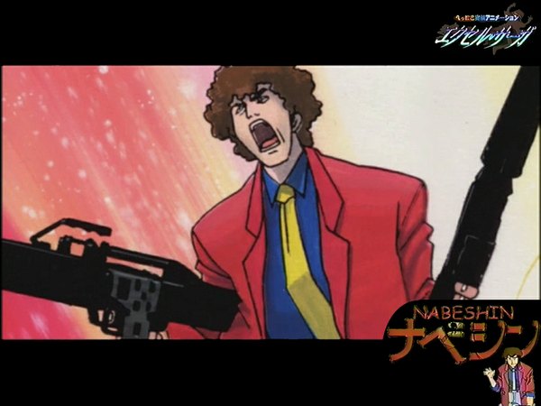 Anime picture 1024x768 with excel saga j.c. staff nabeshin single short hair open mouth brown hair boy weapon necktie gun suit