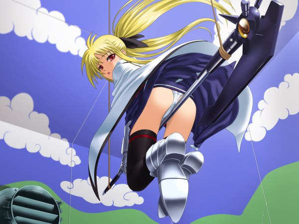 Anime picture 1200x900 with mahou shoujo lyrical nanoha mahou shoujo lyrical nanoha strikers fate testarossa 40010prototype long hair open mouth light erotic blonde hair red eyes twintails ass looking back pantyshot girl thighhighs underwear panties weapon black thighhighs boots