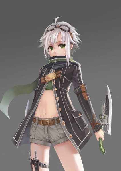 Anime picture 1754x2480 with eiyuu densetsu fie claussell warmhouse single tall image highres short hair simple background green eyes white hair grey background girl navel weapon shorts belt goggles