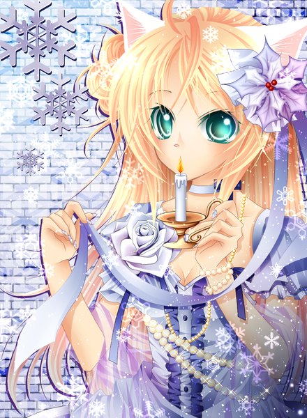 Anime picture 1100x1500 with original midzuki single long hair tall image looking at viewer blonde hair animal ears aqua eyes cat ears brick wall girl dress flower (flowers) snowflake (snowflakes) candle (candles)
