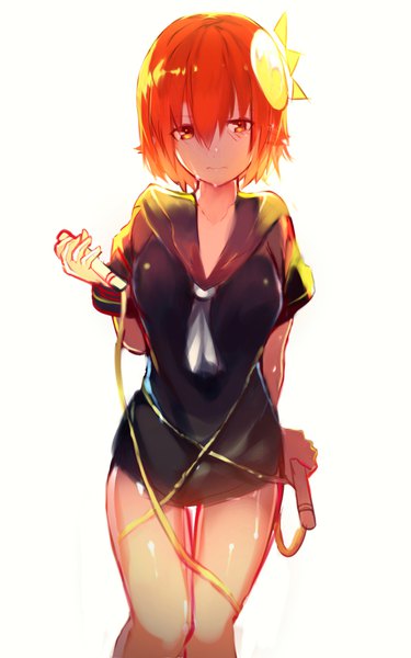 Anime picture 1200x1920 with original flare (tarbo) tarbo (exxxpiation) single tall image blush fringe short hair light erotic simple background hair between eyes white background looking away red hair bare legs short sleeves orange eyes sweat embarrassed sweatdrop