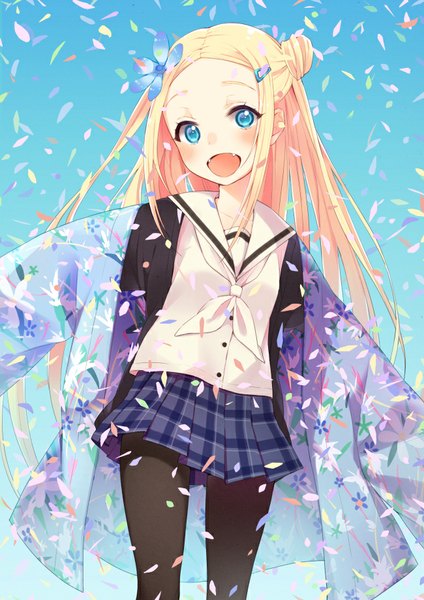 Anime picture 650x919 with hanayamata madhouse hana n. fontainestand hym9594 single long hair tall image looking at viewer blush open mouth blue eyes blonde hair traditional clothes :d japanese clothes hair flower teeth hair bun (hair buns) fang (fangs) spread arms