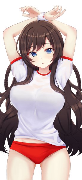 Anime picture 2200x4800 with original kano (wi3028) single long hair tall image looking at viewer blush fringe highres breasts blue eyes light erotic simple background brown hair large breasts standing white background braid (braids) arms up short sleeves