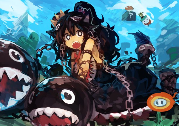 Anime picture 3508x2480 with super mario bros. new super mario bros. u deluxe bowsette princess chain chomp chain chomp kamindani long hair fringe highres open mouth black hair hair between eyes multiple girls absurdres cloud (clouds) outdoors ponytail black eyes :o genderswap