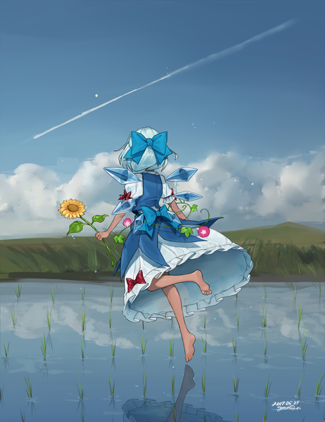 Anime-Bild 1500x1950 mit touhou cirno tanned cirno gotoh510 single tall image short hair signed blue hair sky cleavage barefoot from behind short sleeves puffy sleeves dark skin dated reflection soles flying