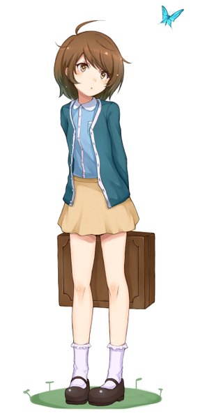 Anime picture 700x1367 with original purea single tall image blush fringe short hair simple background brown hair white background brown eyes looking away ahoge :o hands behind back girl skirt socks shoes insect