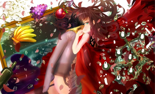 Anime picture 1435x880 with original ted (taiwan) single long hair looking at viewer blush blue eyes light erotic black hair wide image sitting bare shoulders weightlessness broken girl thighhighs dress black thighhighs petals food