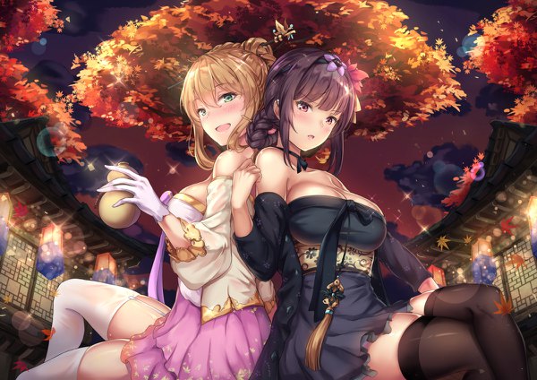 Anime picture 1200x848 with girls frontline wa2000 (girls frontline) m1903 springfield (girls frontline) cenangam looking at viewer blush fringe breasts open mouth light erotic black hair blonde hair hair between eyes large breasts sitting bare shoulders multiple girls holding green eyes payot