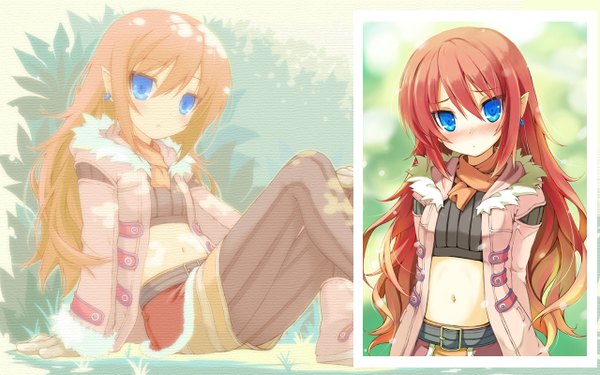 Anime picture 1280x800 with rune factory rune factory 3 toona murasa kisanagi long hair looking at viewer blush blue eyes wide image sitting red hair pointy ears hands behind back elf multiview girl navel earrings pantyhose