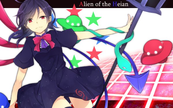 Anime picture 1200x750 with touhou houjuu nue citron 82 short hair black hair red eyes wide image girl dress wings bowtie trident spacecraft ufo flying saucer