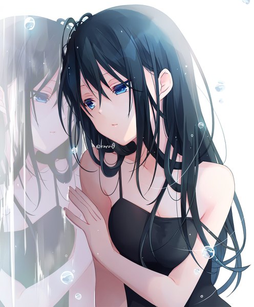 Anime picture 1200x1451 with original kuroi (liar-player) single long hair tall image fringe blue eyes black hair hair between eyes white background signed looking away upper body twitter username reflection strap slip against glass girl