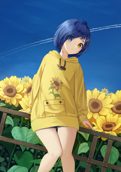 Anime picture 2893x4093 with wonder egg priority cloverworks ooto ai flippy (cripine111) single tall image fringe highres short hair blue hair ahoge outdoors hair over one eye heterochromia floral print condensation trail girl flower (flowers) shorts hairclip