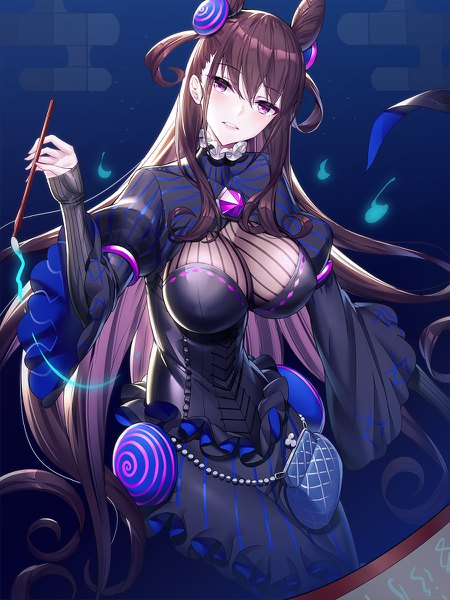 Anime picture 900x1200 with fate (series) fate/grand order murasaki shikibu (fate) ririko (zhuoyandesailaer) single long hair tall image looking at viewer blush fringe breasts light erotic simple background hair between eyes brown hair large breasts standing purple eyes holding payot