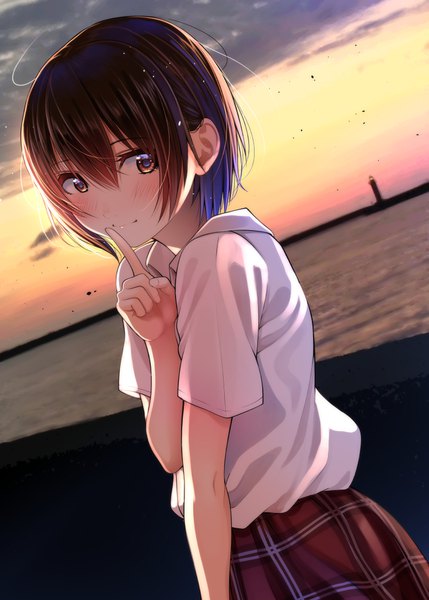 Anime picture 777x1087 with original kentaurosu single tall image looking at viewer blush fringe short hair smile hair between eyes brown hair standing brown eyes sky cloud (clouds) outdoors multicolored hair two-tone hair short sleeves dutch angle