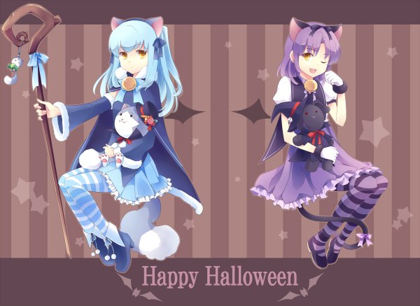 Anime picture 1200x874 with falcom (studio) tio plato renne (eiyuu densetsu) suna kiririto (artist) looking at viewer short hair open mouth smile multiple girls animal ears yellow eyes blue hair purple hair one eye closed wink cat ears cat tail halloween striped background happy halloween