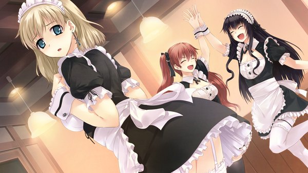 Anime picture 1024x576 with tokyo babel long hair blush short hair blue eyes light erotic black hair wide image twintails multiple girls game cg white hair red hair eyes closed maid girl thighhighs headdress maid headdress 3 girls