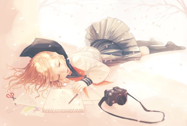 Anime picture 1748x1181 with original totsu hon (artist) highres blonde hair lying eyes closed sleeping girl skirt uniform plant (plants) school uniform petals tree (trees) paper camera scissors pencil sketchbook