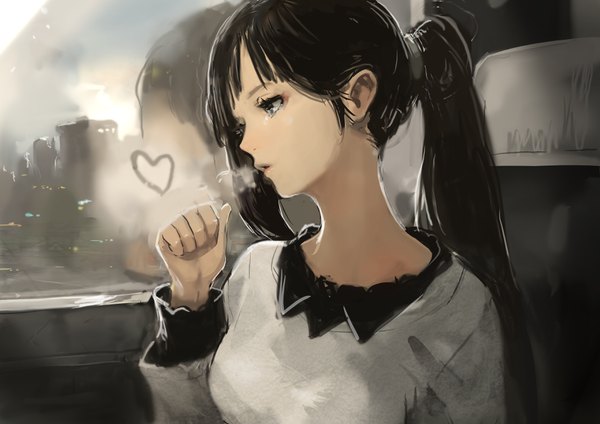 Anime picture 3508x2480 with original okuto single long hair fringe highres open mouth black hair looking away absurdres upper body ponytail indoors long sleeves profile black eyes exhalation asymmetrical hair girl window