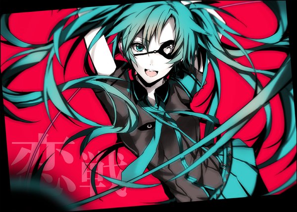 イラスト 1000x713 と ボーカロイド 恋は戦争 初音ミク ありさか ソロ 長髪 カメラ目線 前髪 開いた口 ツインテール aqua eyes aqua hair happy pale skin 女の子 スカート シャツ 眼帯 黒シャツ