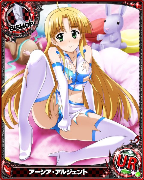 Anime picture 640x800 with highschool dxd asia argento single long hair tall image looking at viewer blush breasts light erotic blonde hair green eyes pantyshot torn clothes card (medium) girl skirt gloves underwear panties miniskirt