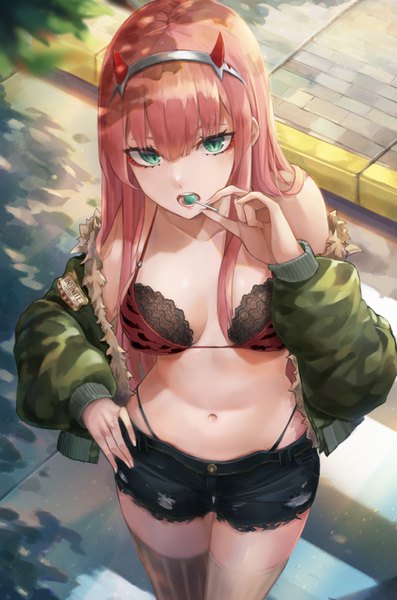 Anime picture 2146x3238 with darling in the franxx studio trigger zero two (darling in the franxx) envysoi single long hair tall image looking at viewer fringe highres breasts light erotic large breasts green eyes pink hair outdoors from above open jacket bare belly midriff