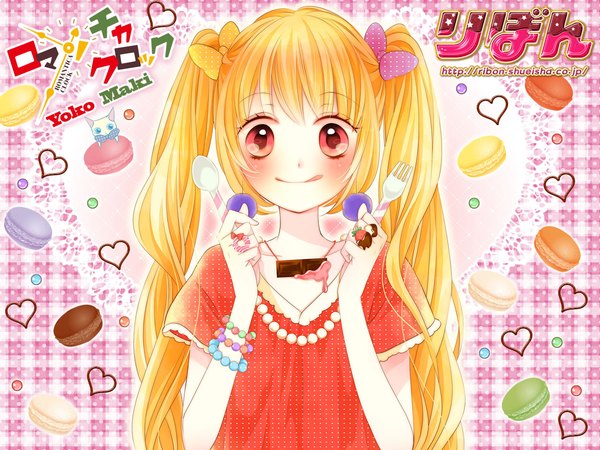 Anime picture 1280x960 with romantica clock kajiya akane maki youko single long hair looking at viewer blush fringe blonde hair smile red eyes twintails holding signed upper body official art copyright name :q girl bow