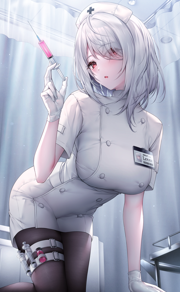 Anime picture 2910x4700 with original lenne (oyuwari) oyuwari single long hair tall image looking at viewer blush fringe highres breasts open mouth red eyes large breasts holding silver hair indoors hair over one eye arm support :o