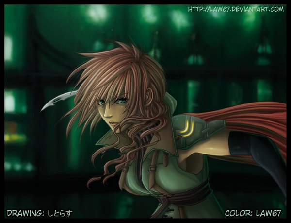 Anime picture 1300x996 with final fantasy final fantasy xiii square enix lightning farron law67 single long hair green eyes pink hair lips armpit (armpits) coloring framed girl gloves weapon sword elbow gloves cloak