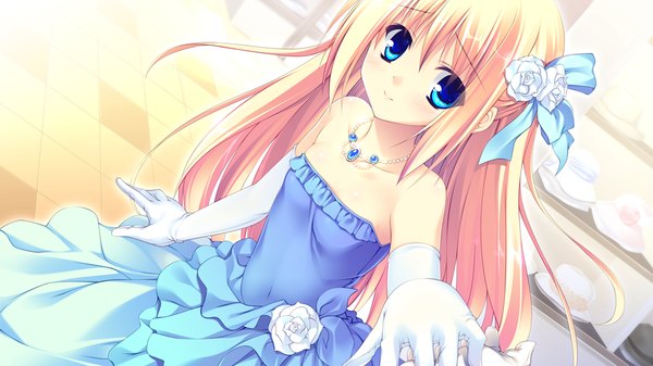 Anime picture 1024x576 with lovely quest long hair blue eyes blonde hair smile wide image game cg hair flower girl dress gloves hair ornament elbow gloves pendant