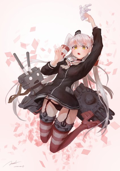 Anime picture 1748x2480 with kantai collection amatsukaze destroyer rensouhou-kun criin long hair tall image blush highres open mouth light erotic signed yellow eyes white hair two side up looking down jumping o o girl thighhighs dress