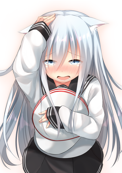 Anime picture 2508x3541 with kantai collection hibiki destroyer verniy destroyer go-1 single long hair tall image looking at viewer blush fringe highres open mouth simple background hair between eyes white background animal ears silver hair pleated skirt cat ears cat girl