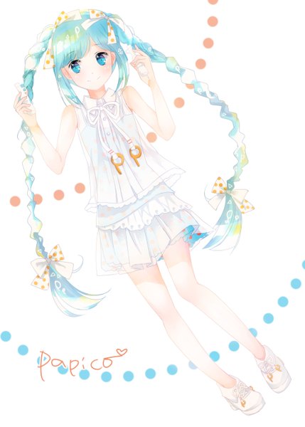 Anime picture 991x1385 with original papico (ice cream) papico izumil long hair tall image looking at viewer blue eyes smile white background bare shoulders blue hair braid (braids) girl dress bow hair bow sundress