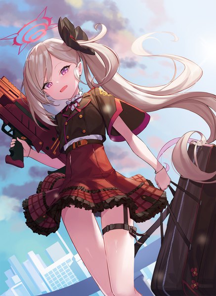Anime picture 1400x1924 with blue archive mutsuki (blue archive) ohihil single long hair tall image open mouth purple eyes sky cloud (clouds) outdoors grey hair from below side ponytail frilly skirt girl skirt weapon miniskirt frills