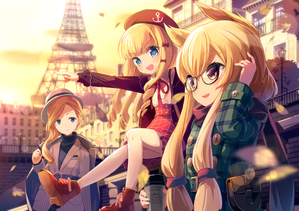 Anime picture 2481x1754 with azur lane hood (azur lane) warspite (azur lane) queen elizabeth (azur lane) taharu kousuke long hair highres open mouth blue eyes blonde hair multiple girls outdoors :d pink eyes loli outstretched arm drill hair soles clothes on shoulders pointing