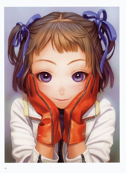 Anime picture 5092x6966 with last exile gonzo futurelog (artbook) range murata single tall image looking at viewer fringe highres short hair smile brown hair purple eyes signed absurdres upper body long sleeves lips scan open clothes