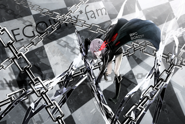 Anime picture 1607x1080 with black rock shooter guilty crown production i.g yuzuriha inori tanikku single looking at viewer short hair red eyes pink hair inscription leaning leaning forward text english checkered checkered background girl hair ornament weapon