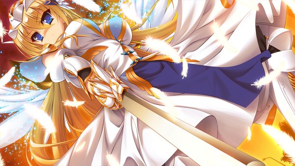 Anime picture 1280x720 with mahou kenki arch calibur long hair looking at viewer blue eyes blonde hair wide image game cg girl dress weapon detached sleeves sword wings feather (feathers)